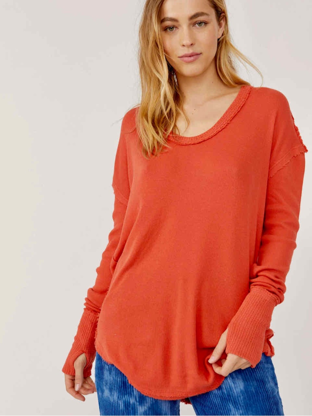 Free People We The Free Thermal Top Small Orange Red Oversized Slouchy Boho